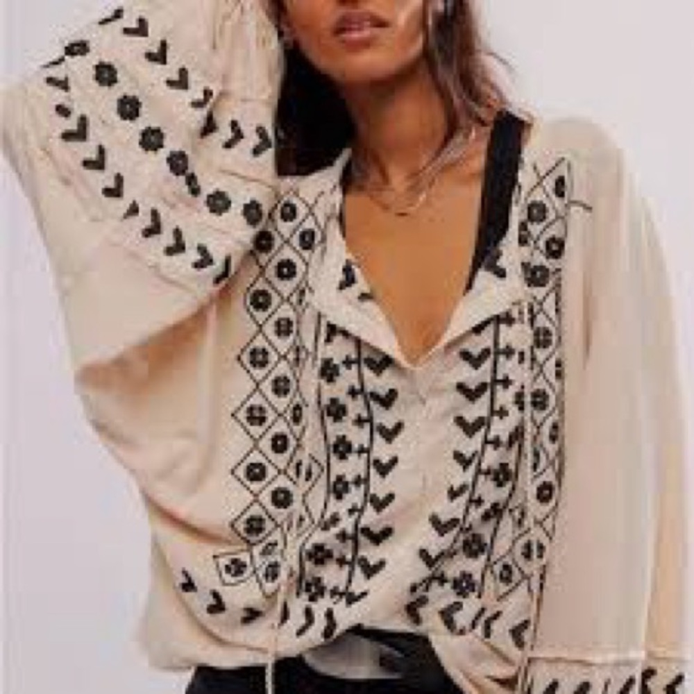 Free People Embroidered Cream and Black Women's Top